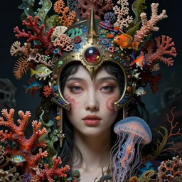 hyperrealistic detailed face portrait photo of the beautiful young goddess of the red coral reef with an intricate helmet of corals, sea kelp, sea plants, fish, jellyfish, sharp focus, moody atmosphere, highly detailed digital painting, art by ernst haeckel, h. r. giger, alphonse mucha, gustav klimt, gothic, neo - gothic, hyper - ornamental,