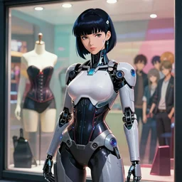 highly detailed portrait screenshot of gorgeous feminine cybertronic motoko kusanagi fembot in cyberpunk posing as a corset shop window mannequin. stephen bliss, 8 k, by greg rutkowski, loish, rhads, ferdinand knab, makoto shinkai and lois van baarle, ilya kuvshinov, rossdraws, tom bagshaw, radiant luminance.