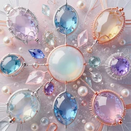 all beautiful gems of the world in every possible color, type, size, and shape. ornated with shiny thin silver and copper wires. abstract composition made of crystals, pearls and bismuth. hyperrealistic render. smooth silky pastel color palette. transparent colorful surfaces. gigapixel render. polished. discodiffusion render by machine. delusions. 8 k 3 d shaded.