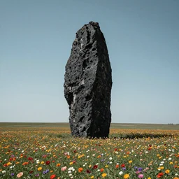A very intrincated and ominous tall black Rock stands in the middle of an plain covered with colorful flowers