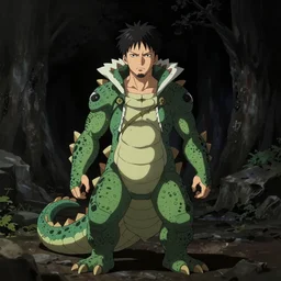 anime of young white man with facial hair, brown eyes, full body, reptile clothing, by shinichiro watanabe hyper realistic, dark fantasy detailed, high definition insanely detailed, bitter, wide angle lens glow in the dark