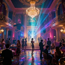 a cyberpunk lavish party in a mansion from the great gatsby in the world of tron, flash photography, raytracing, 8 k, octane render, volumetric, vivid, beautiful, hyperrealism