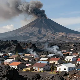 tiny village bombarded with pumice, smoking volcano in background, hyperrealistic, high detail, 8 k, photorealistic,