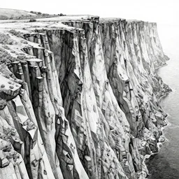 Geometrically surreal cliffs, extremely high detail, photorealistic, intricate line drawings, dotart, album art in the style of James Jean