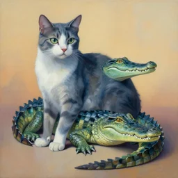 painting of hybrid between cat! & crocodile, intercrossed animal, mixture animal, by tiffany bozic, by zdzislaw beksinski, biomorphic, cold hue's, warm tone gradient background, concept art, beautiful composition, digital painting,
