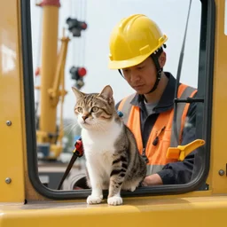 cat operating industrial crane machine wearing a safety helmet