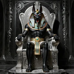 angry god anubis, growling jackal with egyptian headdress and nemes, ornate art nouveau marble throne room, black and silver palette, symmetrical background, fantasy, intricate, elegant, highly detailed, colorful, dark colors, dramatic shadow, digital painting, artstation, concept art, art by artgerm and greg rutkowski and ruan jia,