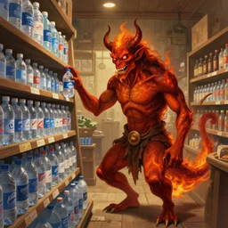 a fire demon in a store contemplating which brand of water to buy while shopping, digital painting, illustration, high quality, fantasy, wooden interior, style by jordan grimmer and greg rutkowski
