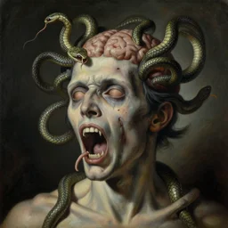 a painting of a decapitated screaming man's withered face with biting serpents swarming out of his brain, a surrealist painting, polycount, surrealism, surrealist, sabattier filter, lovecraftian, cosmic horror