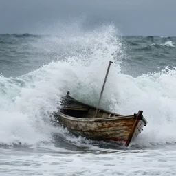 a huge wave engulfing a small wooden boat during a sea storm