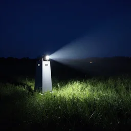 teleportation machine in a field at night, light shining from the machine and illuminating the grass by thomas kinkaid