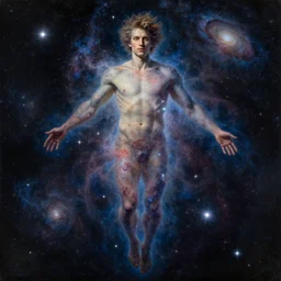 a giant handsome man floating among the stars. he is made of galaxies and nebula and a million sparkling stars. dramatic light and dark. beautiful well composed painting with detailed face by ilya kuvshinov and artgerm and greg rutkowski and alphonse mucha.