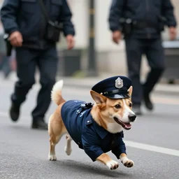a dog wearing a policeman uniform, chasing a robber down a street