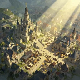 a medieval city from above, beautiful, detailed, temple, market, palace, tavern, concept art illustration, color page, tone mapping, akihiko yoshida, james jean, andrei riabovitchev, marc simonetti, digital illustration, greg rutowski, volumetric lighting, sunbeams, particles
