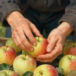 close up of a man\'s hands as he is picking apples, photo realistic illustration by greg rutkowski, thomas kindkade, alphonse mucha, loish, norman rockwell.