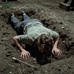 7 0 s film still from a horror movie about a person crawling out of a grave, kodachrome, cinecolor, cinestill, film grain, film texture, retro, cinematic, high resolution, photorealism,