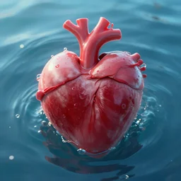 heart in the water. cgi hyper realistic. unreal engine.