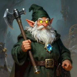 a dwarf sorcerer holding a pickaxe and a large jewel. his eyes are glowing. high fantasy art ( 1 9 8 7 )