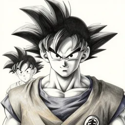 portrait goku by yusuke murata and masakazu katsura, artstation, highly - detailed, cgsociety, pencil and ink, fighting pose, city in the background, dark colors