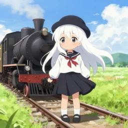 a cute anime girl with long white hair and a round hat wearing a black and white school uniform with a red ribbon stands on the edge of a moving steam train surrounded by grass fields and nature on a beautiful windy and sunny day with blue sky, art by rimuu, art by fuzichoco, art by ayamy