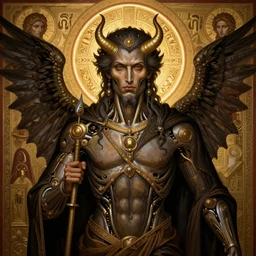 hyper detailed ultra sharp orthodox baphomet icon, biomechanical backlit golden halo, demonic man, trending on artstation, byzantine aesthetic, doom, religious, decadent, ornate, intricate, digital painting, concept art, smooth, sharp focus, illustration, art by josan gonzalez, felix englund, killian eng and zdizslaw beksinski, 8 k