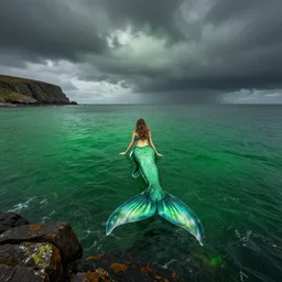 outer hebrides, mermaid, 8k, green ocean, dramatic, surreal, artistic