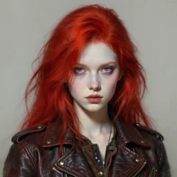 head and shoulders portrait of a young girl in a leather jacket, pale skin, red hair, vibrant color, steampunk, high detail, beautiful painting by artgerm and ruan jia and frank frazetta and norman rockwell