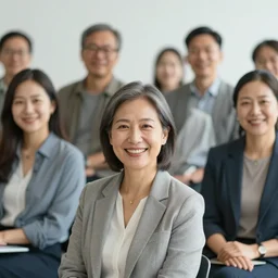 a stock photograph of a group of smiling adults in a business setting wearing casual clothing, detailed faces, medium depth of field