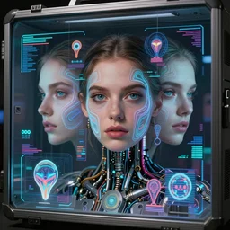 beauty young woman with detailed faces in holograms of alien artifacts, mechanical holographic case display, 80s Total Recall tech, ultrarealistic, dramatic lighting, electrical details, high details, 4k, 8k, best, accurate, trending on artstation, artstation, photorealism, , digital painting, style of Wayne barlowe and Boris Vallejo and Peter Mohrbacher