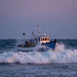 1024x768 a small fishing boat on the ocean being tossed around in heavily crashing waves, dusk, rule of thirds, rendered in octane, Corona, vray and Arnold, insanely detailed, photorealistic, cinematic, global illumination, no grain