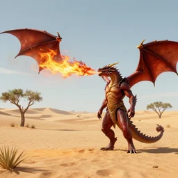 dragon breathing fire by plutus su and chris scalf, desert with small trees and shrubs, painting, detailed, realistic, complimentary colors, light, artstation, cinematic, dramatic lighting, close up, wide angle, intricate design