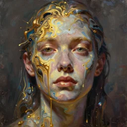 👾 🌈 face, paint drip, phantom, dreary, dramatic, fluid, iridescent, golden ratio, artstation, moebius + loish + wlop, hd, oil painting, hyper realistic,