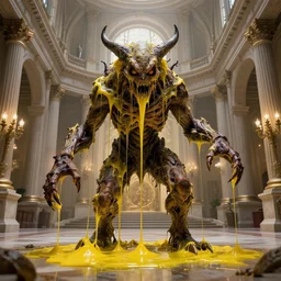 a horrific creature dripping yellow goo inside a grand palace