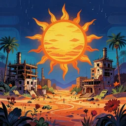 a beautiful detailed illustration of sun disc nature abandoned city urbex unfinished building building industrial architecture architecture by owen d. pomery, nature futuristic vaporwave wilderness thermal imaging nightsky flowers desert uv light morning sun rainforest otherworldly myst, archdaily, wallpaper, highly detailed, trending on artstation.