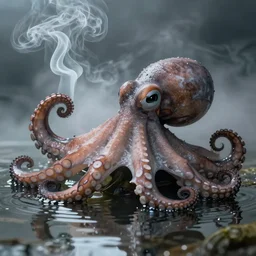 an octopus in a smokey room smoke curling around the beak water rippling in the background, 4k, realistic lighting, surface reflections, very hazy room