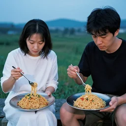 a woman and a man who are living out their lives as minimalists are eating omurice on glossy silver plates, color restoration, sketch and realism, blue hour, outside in a natural setting