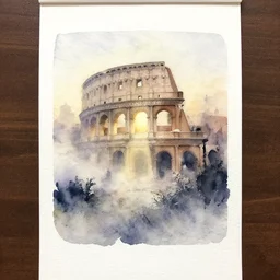 small centered on watercolor paper, paint brush strokes, abstract watercolor painting of foggy dawn, ancient roman arcs sheik palace, cinematic light, national romanticism by hans dahl, by jesper ejsing, by anders zorn, by greg rutkowski, by greg manchess, by tyler edlin