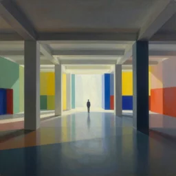 colorful minimalist industrial interior bauhaus floors with monolithic pillars in the style of ridley scott and stanley kubrick, impossible stijl architecture, lone silhouette in the distance, ultra wide angle view, cinematic, god rays, volumetric lighting, realistic detailed painting by edward hopper