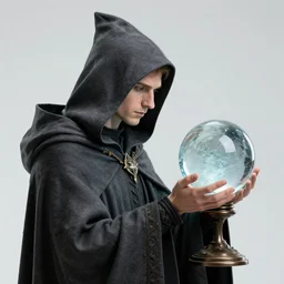 side view of wizard in a hooded cloak gazing into a crystal ball, high details, intricately detailed, by vincent di fate, inking, 3 color screen print, masterpiece, trending on artstation, sharp, details, hyper - detailed, hd, 4 k, 8 k
