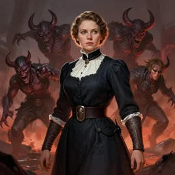 portrait of nadezhda konstantinovna krupskaya as a doomguy slaying demons, hd shot, digital portrait, beautiful, artstation, comic style, by artgerm, guy denning, jakub rozalski, magali villeneuve and charlie bowater