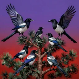 a magpie family hosting their magpie relatives on top of a pine tree, in the style of rafał olbinski, in the style of beksinski, intricate and epic composition, red by caravaggio, insanely quality, highly detailed, masterpiece, purple light, artstation, 4 k