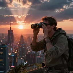 wanderer with night vision goggles, dramatic light, sunset, sunrays, cyberpunk city in the background, dystoptian, gorgeous view, depth, painted by Caspar David Friedrich, clouds, tending on artstation