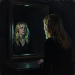 silhouette of a Elle Fanning gazing in a mirror, pitch black room, extremely detailed realist masterpiece, oil on canvas, low-key neon lighting, artstation, Blade Runner 2049, Roger Deakin’s cinematography, by Edward Hopper and Adam Miller,