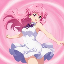 “anime girl, flowing pink hair, extremely beautiful, swirling pink background, action shot, by Kurahana Chinatsu, trending on PixArt”