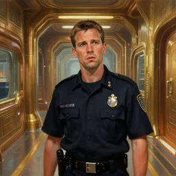 a man who resembles tahmoh penikett looking concerned. highly detailed face. he is wearing a security uniform and standing in a corridor on the atlantis paradise, a retro futuristic spaceship made of brass bronze gold, art deco influence, hotel style design. bioshock, starship titanic. clean, well composed painting by artgerm and greg rutkowski