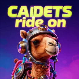 movie poster, title text space cadets, text ride on, a cute camel head with a steampunk space helmet with multicolored glowing tubes and cables, crisp, trippy, fluorescent colors, insanely detailed, 3 d render, front shot, 3 5 mm