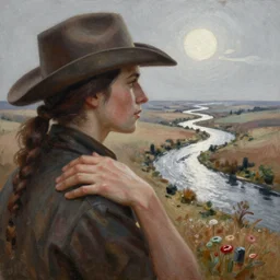 breathtaking detailed soft painting of our stand up caresses on pepper plains, silver time in the sun through rivers, the hand of the country on my shoulder, rembrandt style, elegant, highly detailed, artstation, concept art, matte, sharp focus, art by tom bagshaw, and greg rutkowski