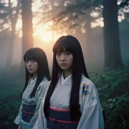 portrait bust of miki ehara, kiko mizuhara, film grain, kodachrome, dense forest, long black hair, classic kimono, heavy fog, backlit, princess mononoke, 4 k, greg rutkowski, shallow depth of field, dramatic lighting, sunset, hayao miyazaki, masashi ando, nizou yamamoto, kazuo oga