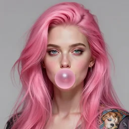 Stern girl with pink bubblegum hair, Mark Edward Fischbach, intricate, highly detailed, digital painting, artstation, concept art, smooth, sharp focus, illustration, Unreal Engine 5, 8K, art by artgerm and greg rutkowski and alphonse mucha