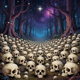 lots of skulls, enchanted cosmic forest, stars in the sky, psychedelic, wide angle shot, vector art, optical illusion, heavenly, 4 k, fantasy poster by helen huang and frank frazetta and salvador dali